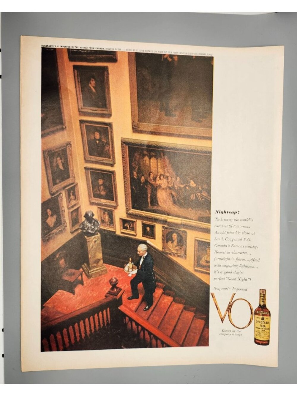 Seagrams VO Whisky 1960s Vintage Print Ad Wall Art 10.5"x13" Man On Stairway